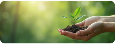 Zwei Hände halten einen kleinen Setzling, der in dunkler Erde eingegraben ist. Der Hintergrund zeigt einen unscharfen, grünen Wald, der eine friedliche und natürliche Atmosphäre schafft.