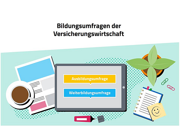 Bildschirm mit der Aufschrift „Ausbildungsumfrage“ und „Weiterbildungsumfrage“ auf einem Tablet. Daneben befinden sich eine Kaffeetasse, ein Notizblock, ein Stift und eine Pflanze. Oben steht: „Bildungsumfragen der Versicherungswirtschaft“.