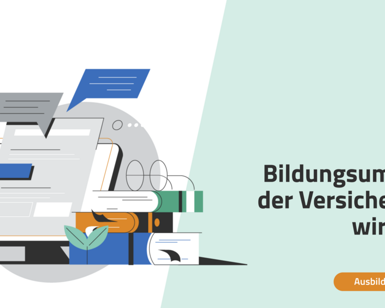 Eine Illustration zeigt einen Computerbildschirm mit Sprechblasen und Dokumenten. Der Text "Bildungsumfragen der Versicherungswirtschaft" ist prominent platziert. Darunter befindet sich ein Button mit der Aufschrift "Ausbildungsumfrage". Die Grafik vermittelt Informationen zu Umfragen im Bildungsbereich der Versicherungsbranche.