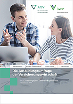 AGV BWV AB Umfrage Cover 2017 neu Zwei Personen sitzen an einem Tisch und diskutieren, während sie Notizen auf einem Blatt Papier haben. Auf der oberen Hälfte des Bildes sind Logos von AGV und BWV sowie der Titel "Die Ausbildungsumfrage der Versicherungswirtschaft" zu sehen.