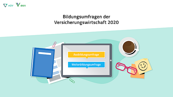 Bildschirm mit zwei Schaltflächen, beschriftet "Ausbildungsumfrage" und "Weiterbildungsumfrage", neben einem Notizbuch, einem Kaffeebecher, einer Brille und einem Zettel mit einem Smiley. Das Thema sind Bildungsumfragen in der Versicherungswirtschaft 2020.