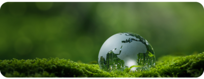 Eine gläserne Erde liegt auf grünem Moos, wodurch die Natur symbolisch reflektiert wird. Das Bild vermittelt eine Botschaft über Umweltbewusstsein und den Erhalt des Planeten.