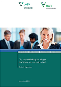 Das Bild zeigt ein Titelblatt einer Broschüre mit dem Titel "Die Weiterbildungserhebung der Versicherungswirtschaft – Zentrale Ergebnisse". Die Hauptfarben sind grün und blau, mit den Logos von AGV und BWV oben. Es handelt sich um eine Veröffentlichung aus November 2010.