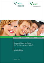 AGV BWV AB Umfrage Cover 2011 Das Bild zeigt das Cover eines Berichts mit dem Titel "Die Ausbildungsumfrage der Versicherungswirtschaft". Es enthält die Logos von AGV und BWV sowie den Hinweis auf das Veröffentlichungsdatum Oktober 2011. Der Bericht behandelt zentrale Ergebnisse zur Ausbildung in der Versicherungsbranche.