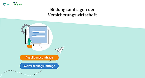 Bild zeigt eine Computerkonsole mit einem Dokument und einer Pflanze. Es gibt zwei Schaltflächen mit den Aufschriften "Ausbildungsumfrage" und "Weiterbildungsumfrage". Der Hintergrund ist hell und es sind grafische Elemente zur Veranschaulichung vorhanden.