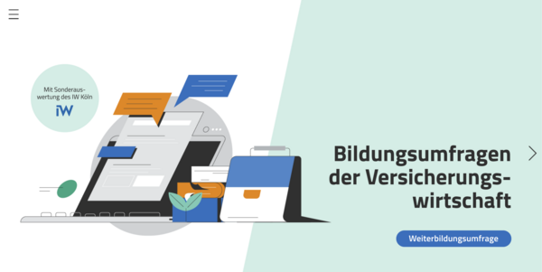 Grafik mit einem Laptop und Notizkästen, die von Sprechblasen umgeben sind. Text auf der rechten Seite: "Bildungsumfragen der Versicherungswirtschaft" und ein Button mit der Aufschrift "Weiterbildungsumfrage". Informationen zur Weiterbildung im Versicherungssektor werden hervorgehoben.