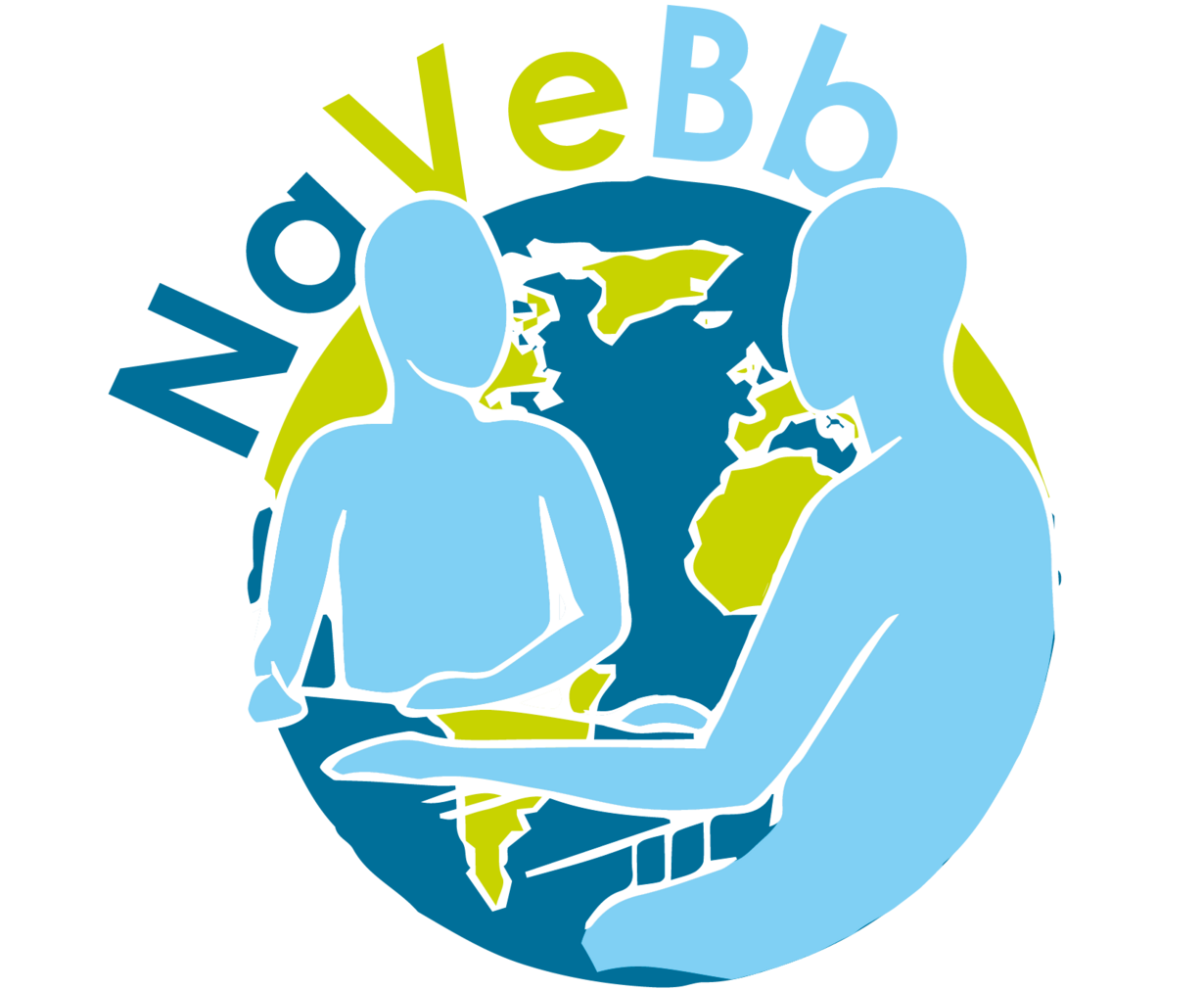 Zwei stilisierte Figuren, eine sitzende und eine stehend, interagieren in einer globalen Umgebung. Der Hintergrund zeigt einen Globus in blau und grün. Über den Figuren steht der Text "NaVeBb" in kräftigen, bunten Buchstaben.