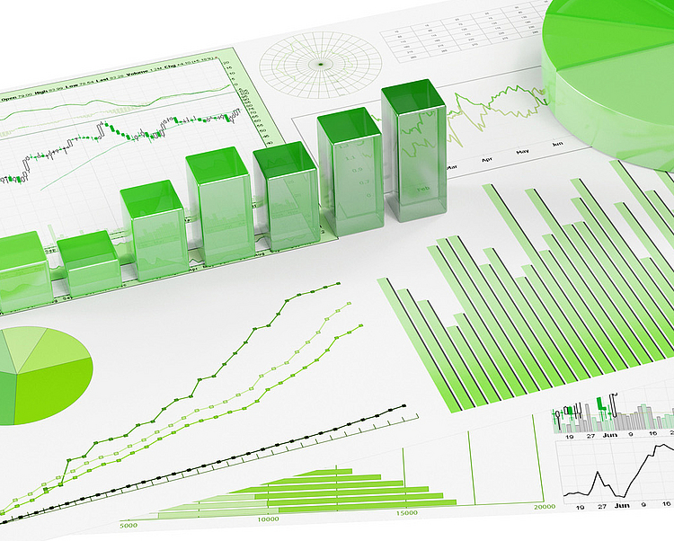 Eine grafische Darstellung von Daten in Grüntönen zeigt verschiedene Diagramme: Balken-, Linien- und Kreisdiagramme, die Wachstum und Trends veranschaulichen. Die Präsentation hebt quantitative Informationen und Statistiken hervor, die in einer klaren, strukturierten Form angeordnet sind.
