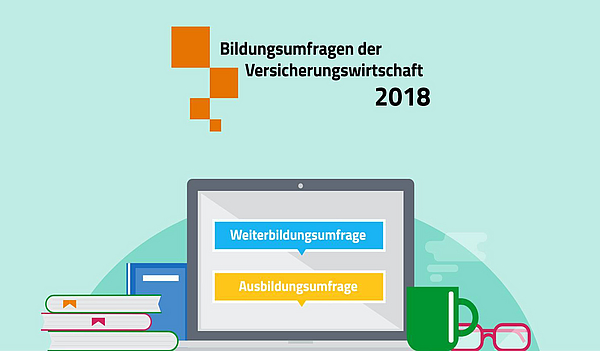 Auf dem Bild ist ein Laptop zu sehen, auf dem zwei Schaltflächen mit den Texten „Weiterbildungsumfrage“ und „Ausbildungsumfrage“ angezeigt werden. Daneben liegen Bücher, eine Tasse und eine Brille. Darüber steht „Bildungsumfragen der Versicherungswirtschaft 2018“.
