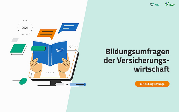 Illustration eines Computers, auf dem ein offenes Buch gehalten wird. Darum schwirren Sprechblasen. Text: "Bildungsumfragen der Versicherungswirtschaft" und ein Button mit "Ausbildungsumfrage". Das Jahr 2024 ist ebenfalls hervorgehoben.