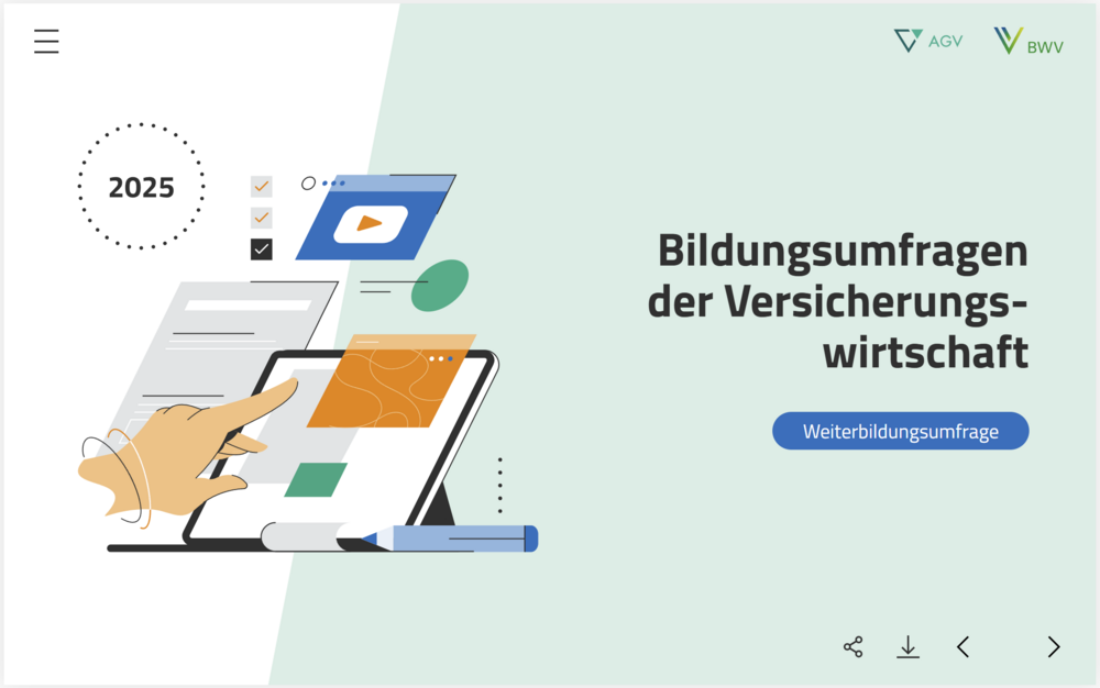 Grafik mit einer Hand, die auf ein Tablet zeigt, auf dem Dokumente und multimediale Inhalte dargestellt sind. Text: "Bildungsumfragen der Versicherungswirtschaft" und ein Hinweis auf die Weiterbildungsmumfrage. Jahr 2025 ist hervorgehoben.