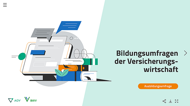 Eine grafische Darstellung zeigt einen Computer mit Dokumenten und Symbolen für Kommunikation. Neben dem Computer befinden sich Aktenordner und Pflanzen. Rechts steht der Text „Bildungsumfragen der Versicherungswirtschaft“ mit einem Button für die Ausbildungserhebung.