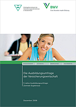 AGV BWV AB Umfrage Cover 2008 Titelblatt einer Studie zur Ausbildungsumfrage in der Versicherungswirtschaft. Es zeigt eine junge Frau, die lächelt, und enthält den Titel „Die Ausbildungsumfrage der Versicherungswirtschaft“ sowie Informationen zu den Ergebnissen der Umfrage und dem Veröffentlichungsdatum.