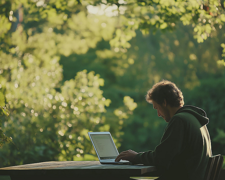 Eine Person sitzt an einem Tisch im Freien und arbeitet an einem Laptop. Der Hintergrund ist von grünen Bäumen und leichtem Sonnenlicht geprägt, was eine ruhige, natürliche Atmosphäre schafft.