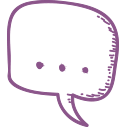Sprechblase in lila Farbe mit drei Punkten, die einen Dialog oder ein Gespräch symbolisiert. Sie steht oft für Kommunikation oder den Austausch von Ideen.
