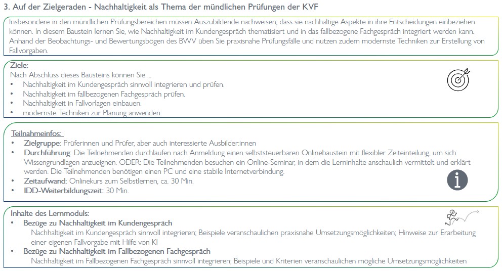 In der Präsentation wird die Nachhaltigkeit in den mündlichen Prüfungen der KVF thematisiert. Es werden Ziele, Teilnahmebedingungen und Kursinhalte beschrieben, die sich auf Ausbildungsinhalte und interaktive Methoden zur Unterstützung der Prüflinge konzentrieren. Ein Online-Seminar zur Thematik ist für Februar 2026 geplant.